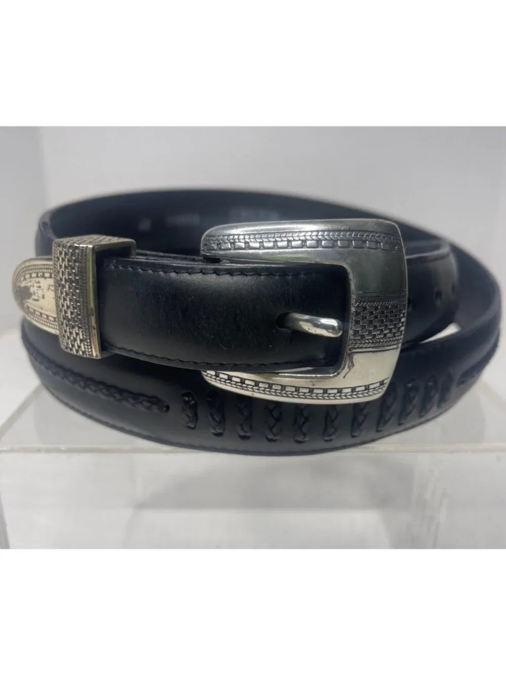 Oynx Brighton Salina Taper Belt Men 42 Black Silver Tone Hardware Braided Leathe